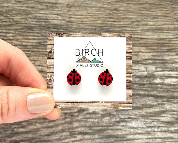 Ladybug Wood Stud Earrings | Black and Red Ladybugs | Spring Summer Earrings | Insect Nature Inspired | Kawaii Cottagecore |