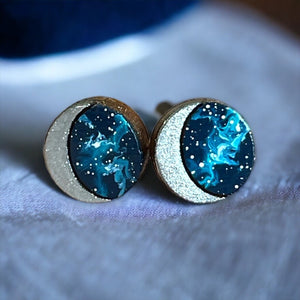Moon Earrings, Silver Moon Stud Earrings, Galaxy Earrings, Celestial Earrings, Wood Stud Earrings, Minimalist Moon Earrings
