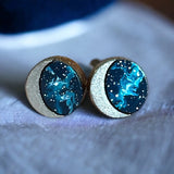Moon Earrings, Gold Moon Stud Earrings, Galaxy Earrings, Celestial Earrings, Wood Stud Earrings, Minimalist Moon Earrings, Statement Earring